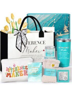 Difference Maker Thank You Gift Set with Canvas Tote Bag Tumbler Candle Socks
